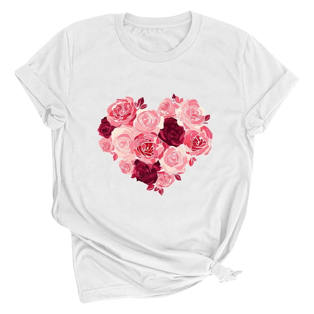 Meichang Chemises de la Saint-Valentin pour Femmes Imprimé Cœur Manches Courtes Col Rond Hauts de Vacances Décontractés Mignons Pulls Blouses