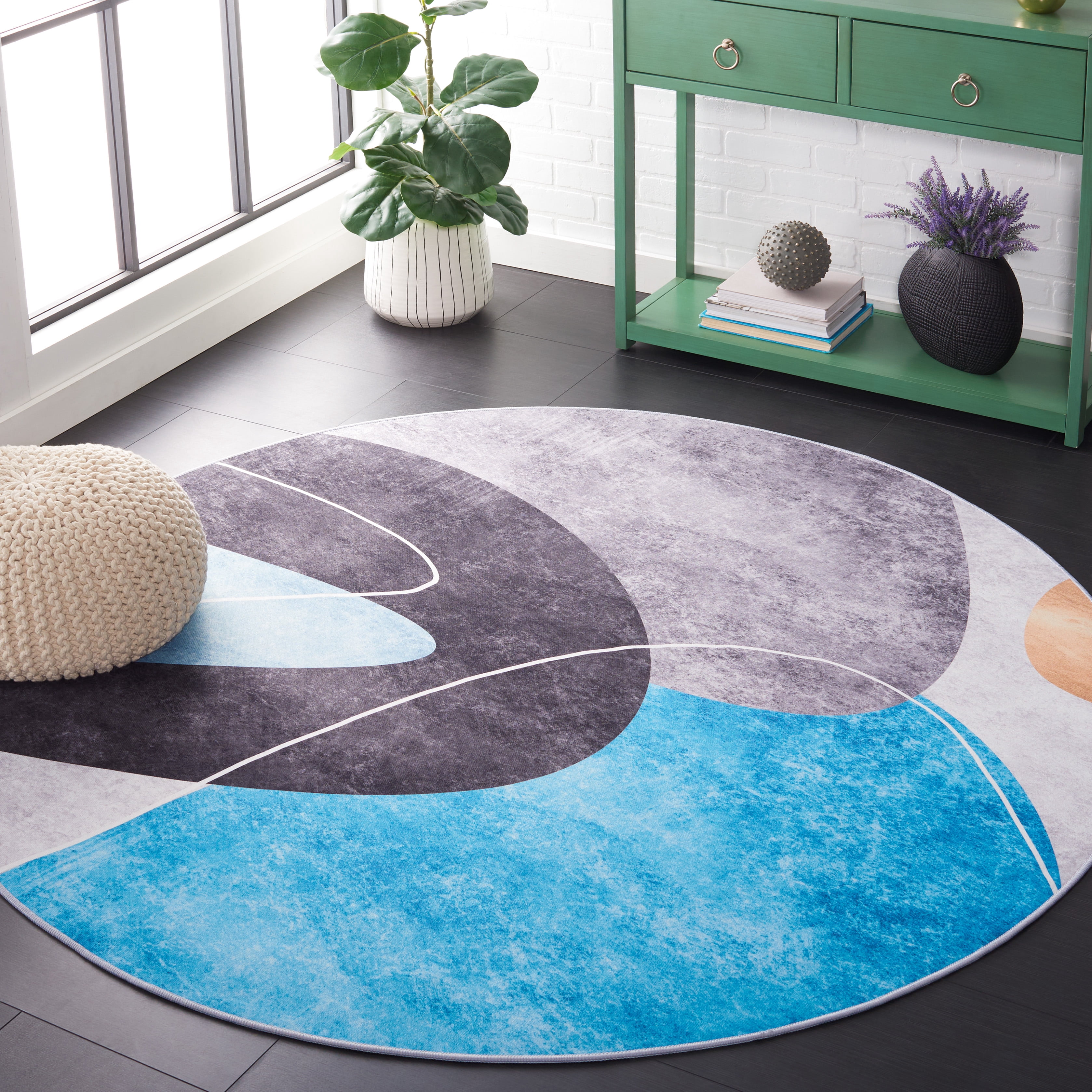 SAFAVIEH Tacoma Sophia Traditional Machine Washable Area Rug, Dark Grey/Turquoise, 6' x 6' Round
