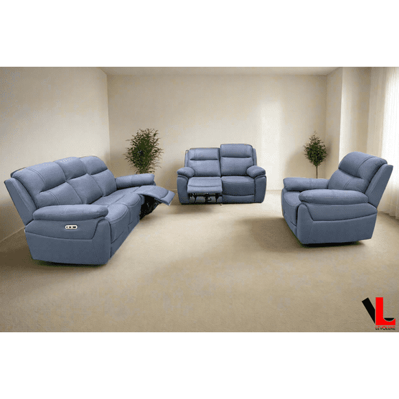 Levoluxe Regent Canapé Inclinable Électrique 3 Pcs, Causeuse et Fauteuil avec Appuie-Têtes Électriques en Bleu Jaxxon