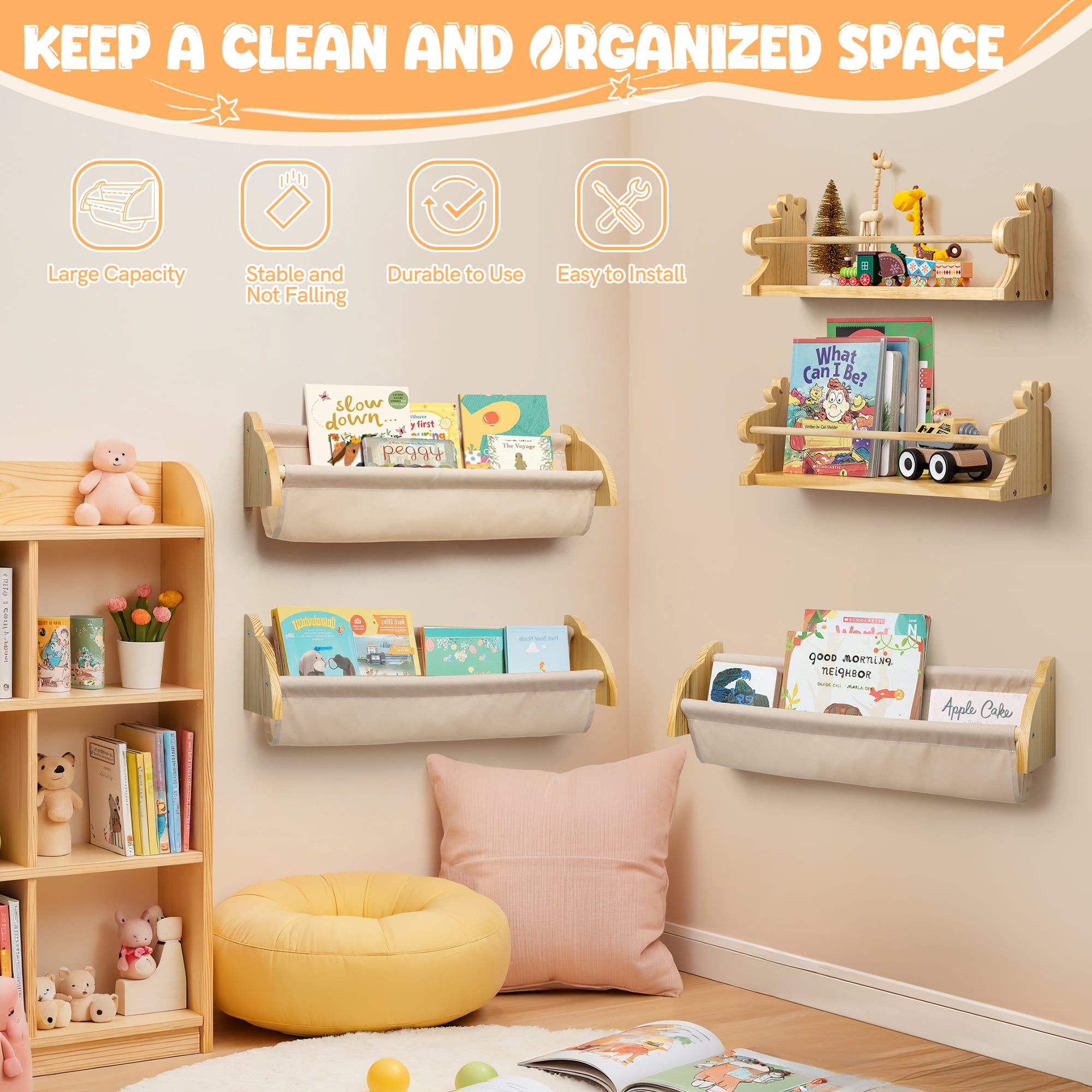 Sumgar Nursery Book Shelves for Kids Rooms Floating Shelf for Wall Mount Book Storage Wooden Organizer Rack for Toddler Baby Childrens Bedroom Playroom, Canvas Set of 2, Home Decor Gift for Christmas
