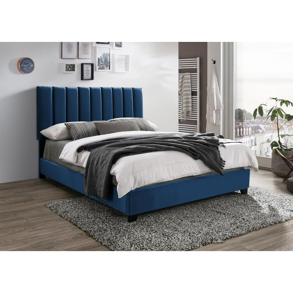 Contemporary Beautiful Queen Size Bed 1Pc Blue Velvet Upholstery Fabric