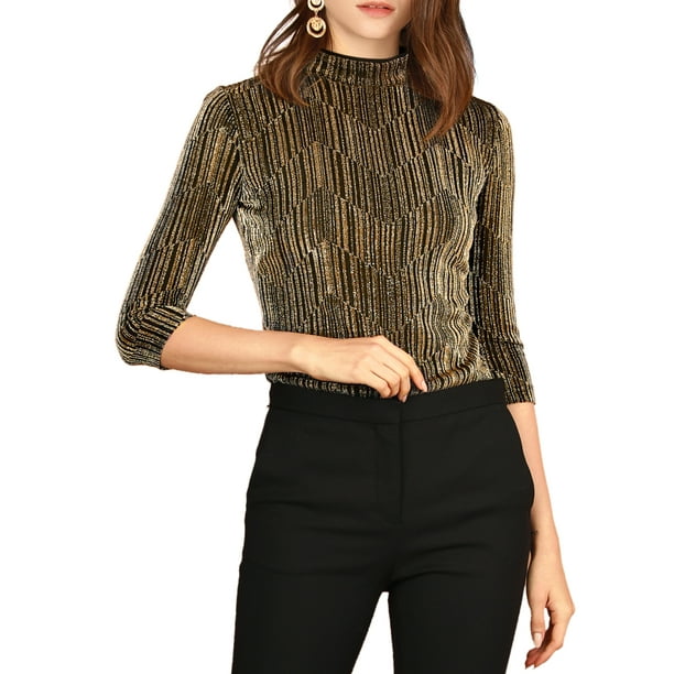 INSPIRE CHIC Blusa metálica brillante de rayas para mujer de 3/4 de manga 2XL Oro Negro
