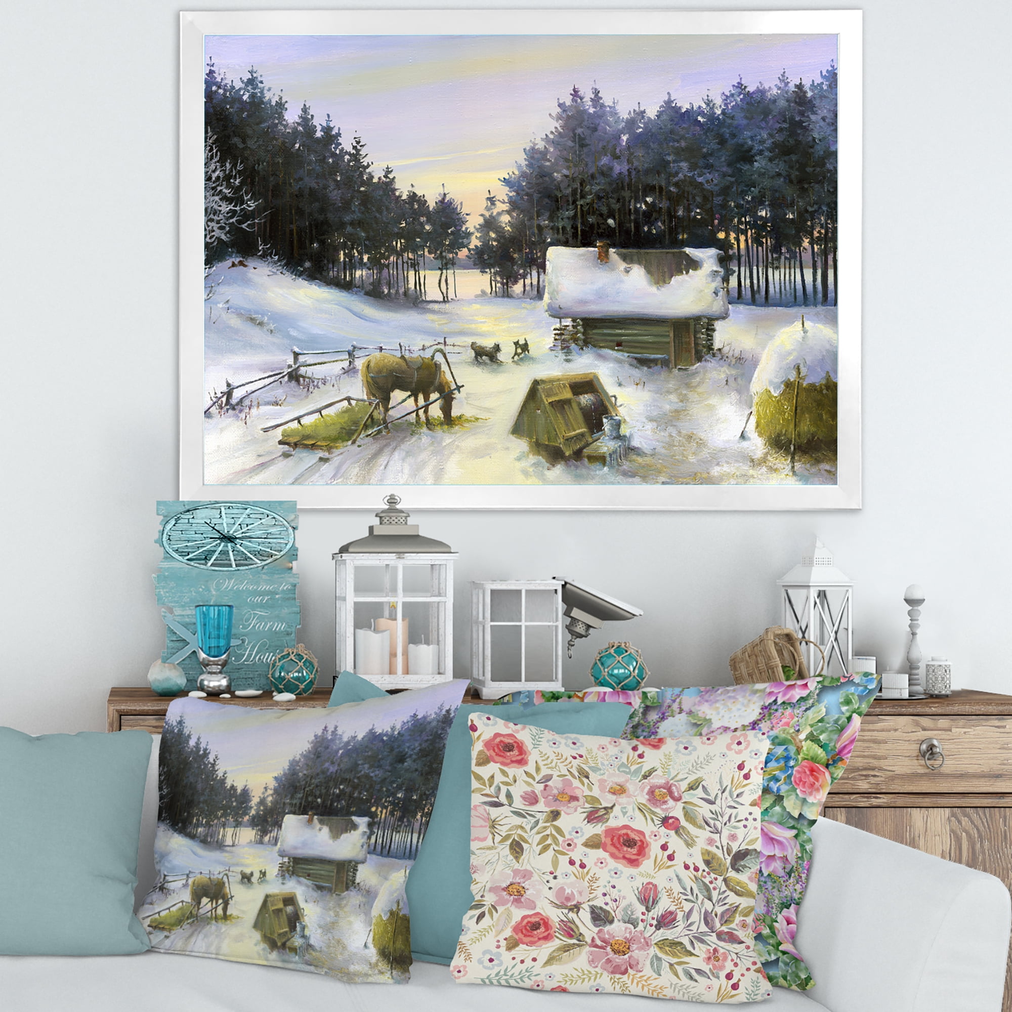 Designart 'Cottage Covered In Snow With Winterscene' Country Framed Art Print