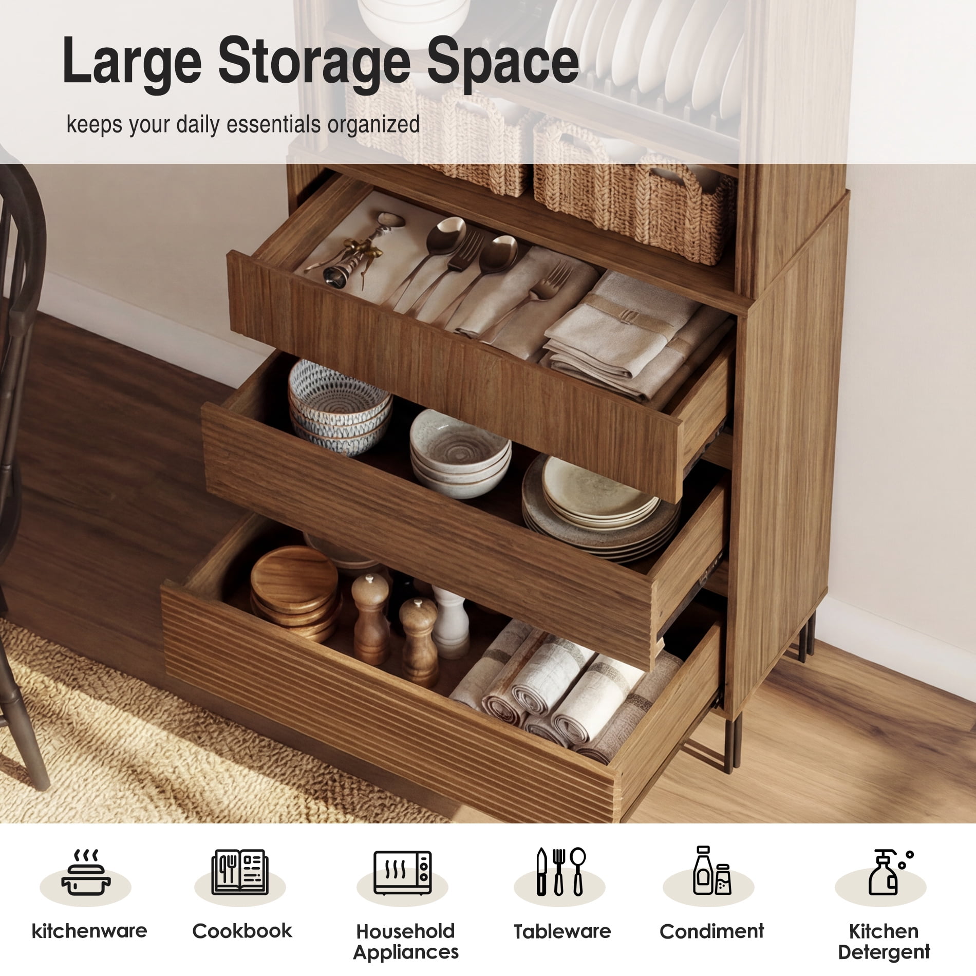 31.5"W Fluted Kitchen Hutch Sideboard with Adjustable Shelves, Wooden Modern Buffet Hutch Cabinet with 3 Drawers And 3 Tier Shelves