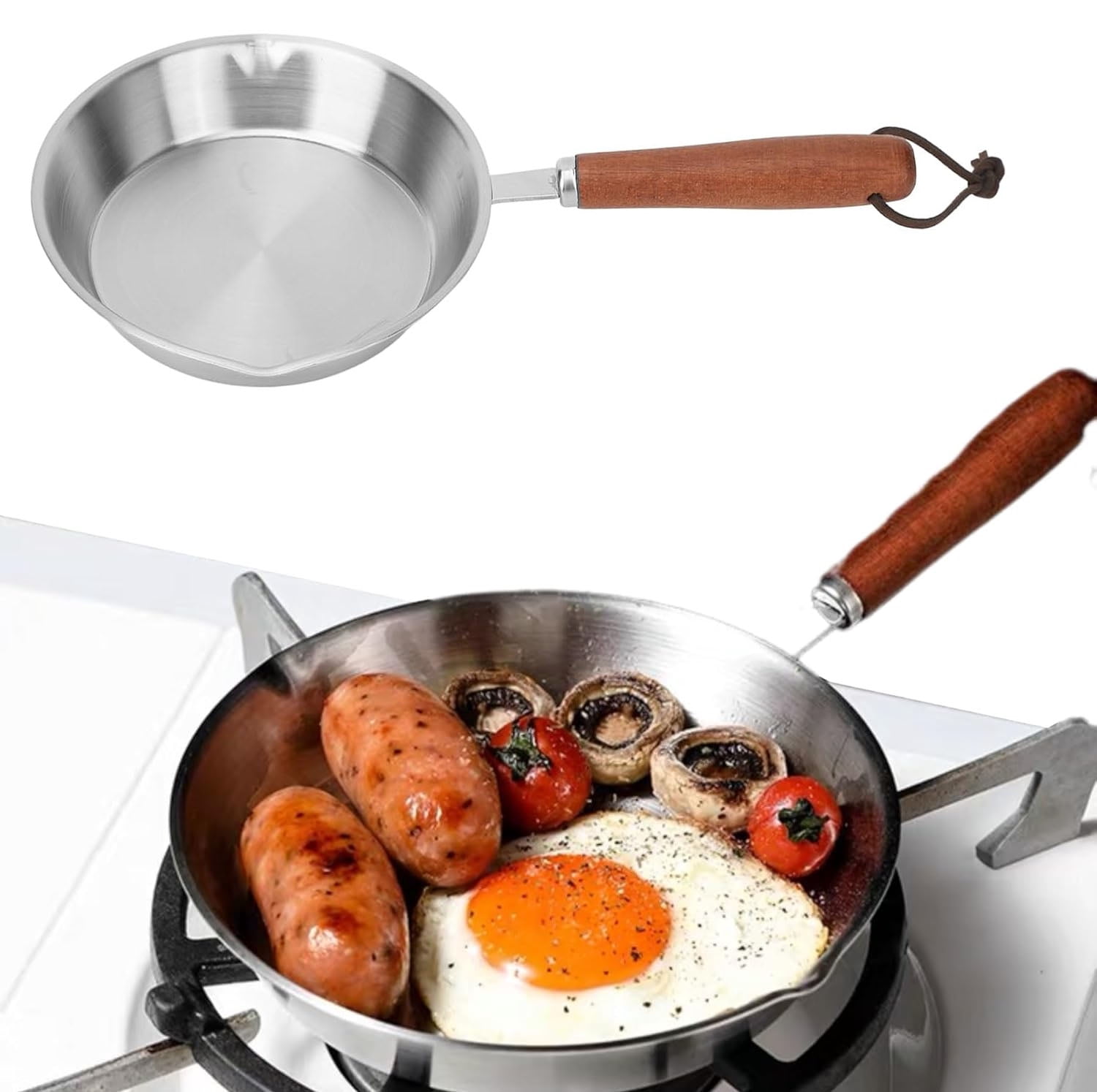 RAPOBRIX Mini Stainless Steel Fry Nonstick Pan – Non Stick One Egg Frying Pan with Solid Wood Handle, 6.3 Inch Cooking Use in the Oven, on the Stov...