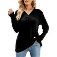thumbnail image 1 of Camiseta de manga larga con cuello en V para mujer, suave, transpirable, color puro, dobladillo suelto, blusas casuales, tops de moda para viajes, trabajo, negro, XL, 1 of 6