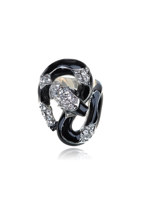 Silvery Tone Black Enamel Egyptian Snake Clear Rhinestone Crystal Sized Jewelry Gothic Ring