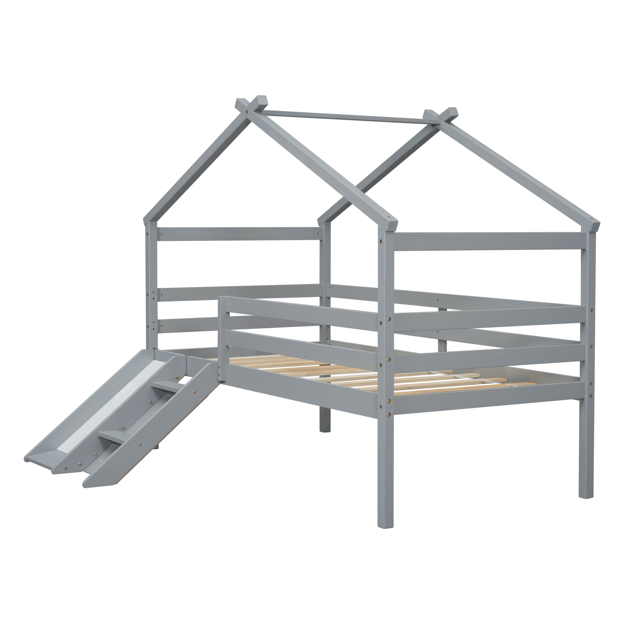 Leumius Twin Low Loft House Bed with Slide, Ladder, Safety Guardrails, House Roof Frame for Boys Girls Grey