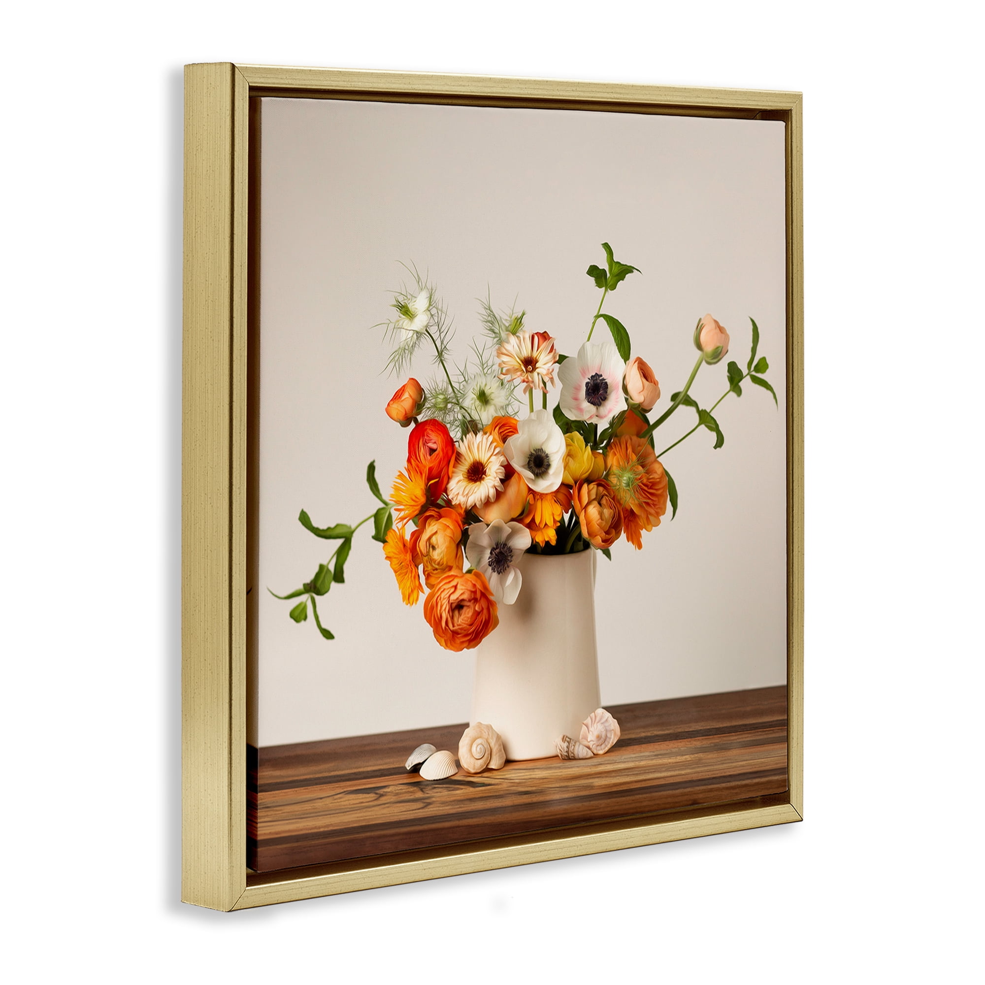 Stupell Industries Orange & White Still Life Plants & Flowers Painting Gold Floater Framed Canvas Art Print Wall Art, 18 x 18