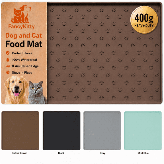Silicone Pet Food Mat for Dogs & Cats, 100% Waterproof, Protects Floors, Non-Slip, 19"x12" Coffee Brown