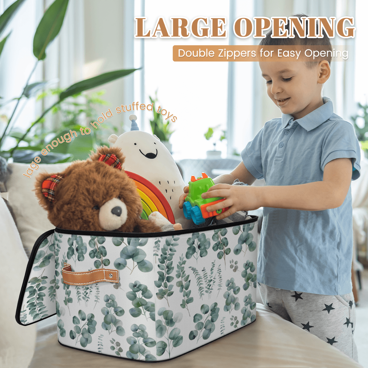 CURLYOOT Green Eucalyptus Leaves Fabric Storage Bins with Lids, Eucalyptus Leaves Foldable Storage Boxes Washable Storage Cube, Closet Bedroom Home Organizer Containers with Handles