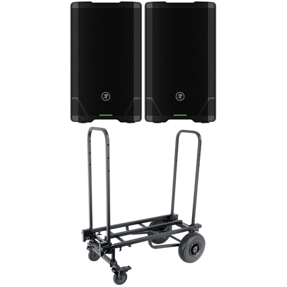 2) Mackie SRT212 12” 1600 Watt Powered DJ PA Speakers w/Bluetooth Transport Cart
