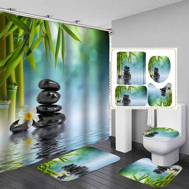 Juego de 4 cortinas de ducha Zen Spa con alfombras, cortina de ducha de tela blanca impermeable, flor de loto blanca, orquídea morada, piedra verde, bambú, lago, jardín, meditación espiritual,