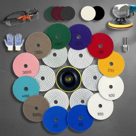 Diamond Polishing Pads, Wet/Dry Granite Stone Polish Pad Kit with Backer Pad, Drill Adapter and Wool Disc for Granite Marble Concrete Stone Tile