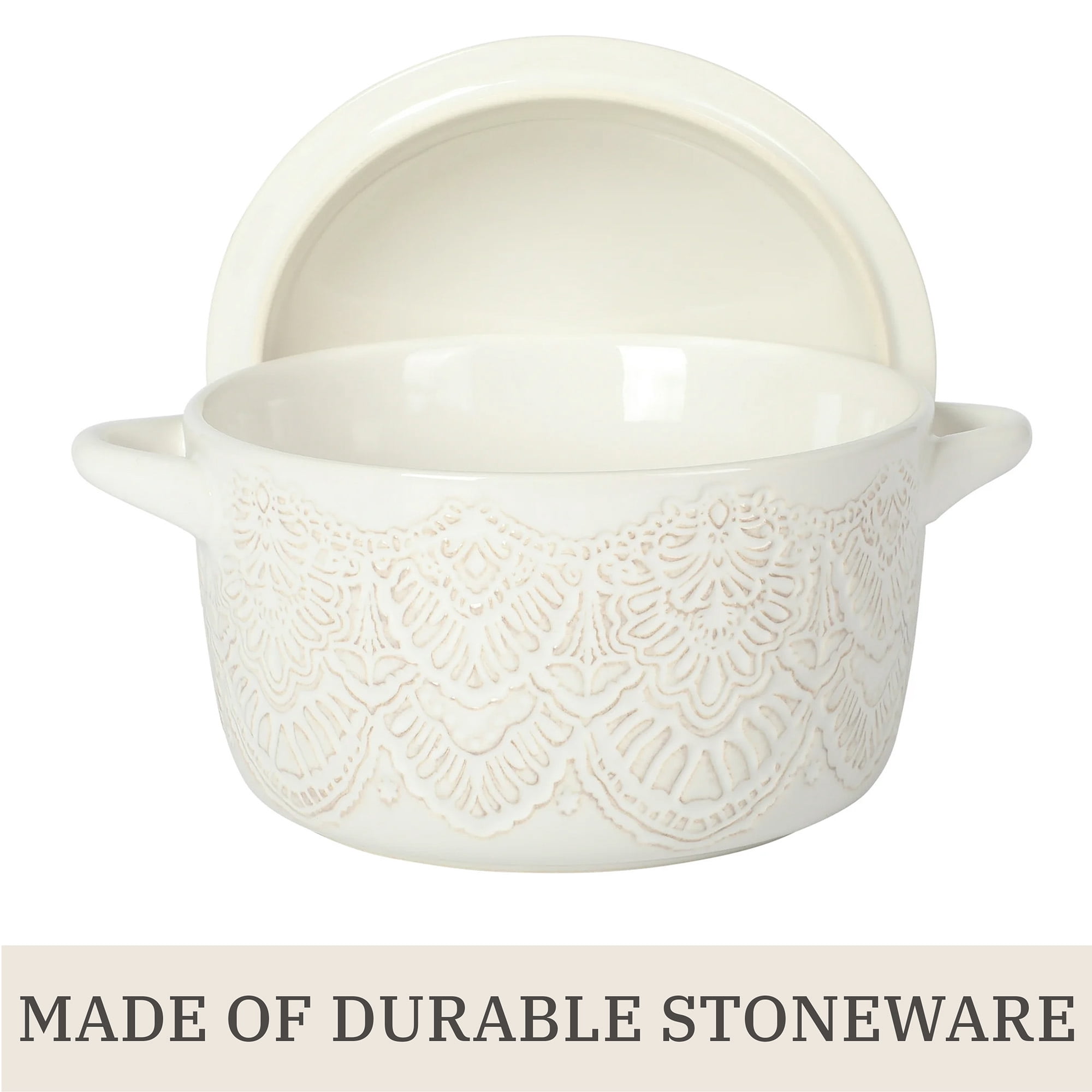 The Pioneer Woman Vintage Lace 7.25” 1 qt Ceramic Casserole Dish, Mini Cocotte Baking Dish with Lid, Linen