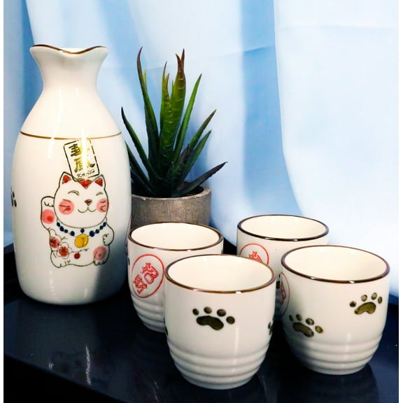 Japanese Maneki Neko Lucky Charm Cat Ceramic White Sake Set Flask With Four Cups