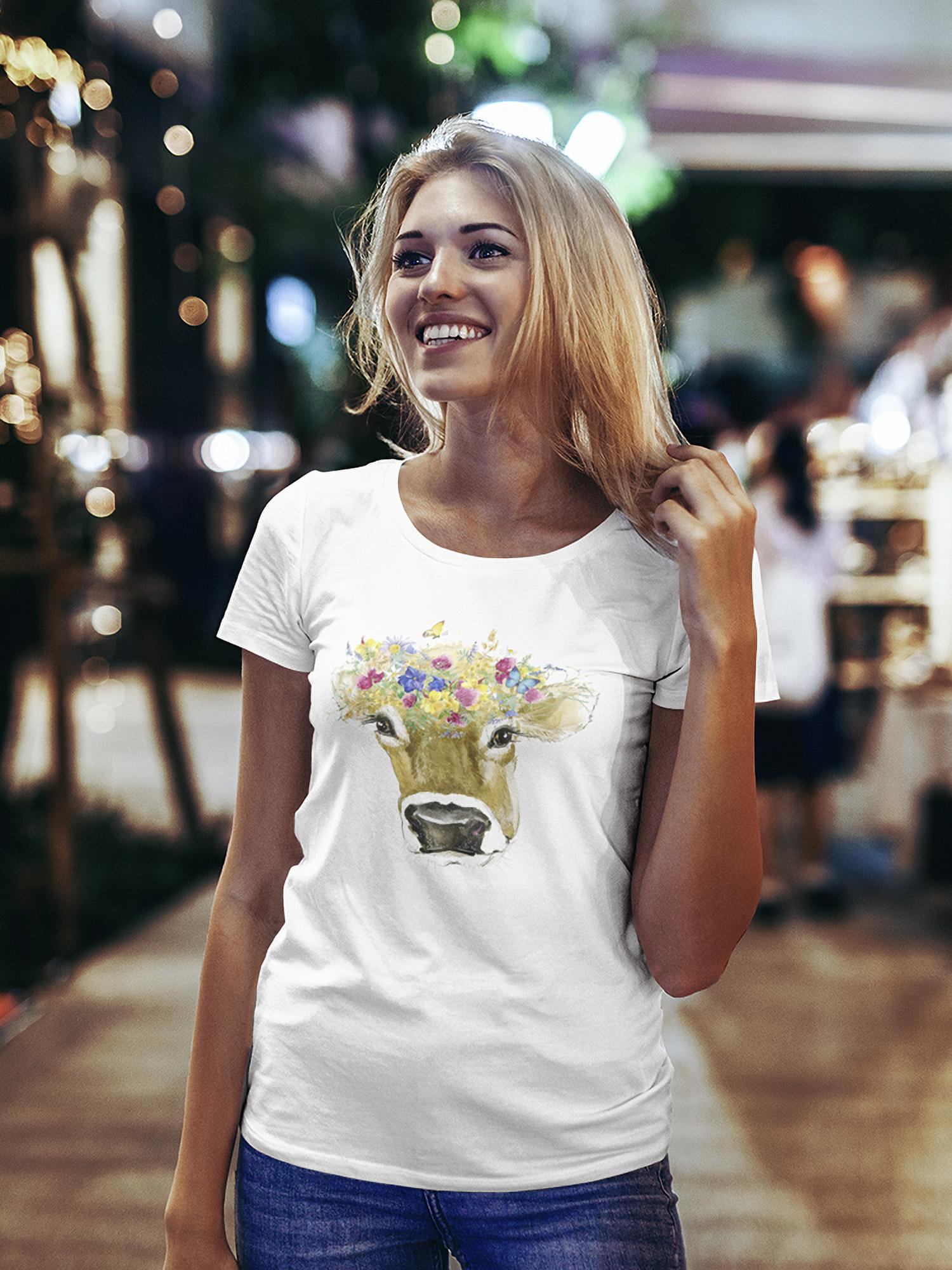 Watercolor Cow Field Flower T-Shirt Women -Image by Shutterstock, Female  Large