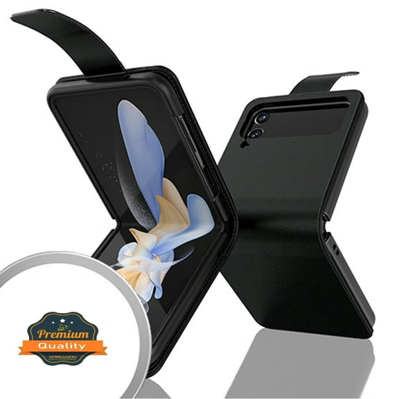 Xpression Cover for Samsung Galaxy Z Flip 4 5G Wallet PU Leather Pouch with Credit Card Slots Money Pocket, Stand & Strap Flip Bookstyle Phone Case - Black