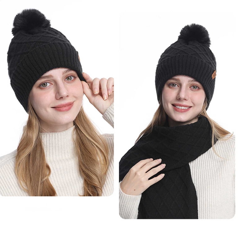 Xfvqtps Women Hat Scarf Glove Set Knit Plush Pompom Solid  display picture 3