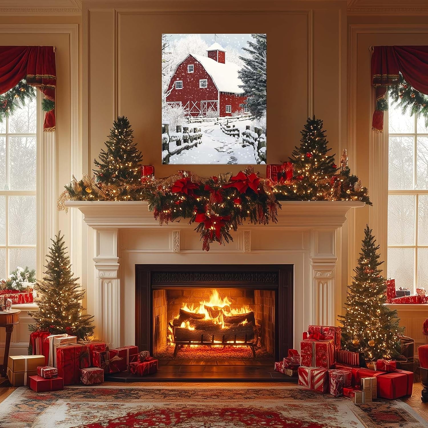 ChristmasCanvas Wall Art Decor with Farm, Red Walls, Snowy Road and Snow-Covered Pines, Holiday Canvas Print for Living Room and Bedroom, Farmhouse-Themed Christmas Wall Art?24X30 inch