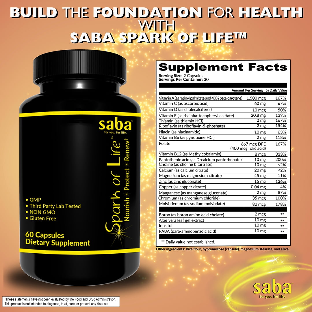 Saba Spark of Life™ - nourish, protect, and renew cellular health - Daily Multivitamins For Men & Women - 60 Veggie Caps