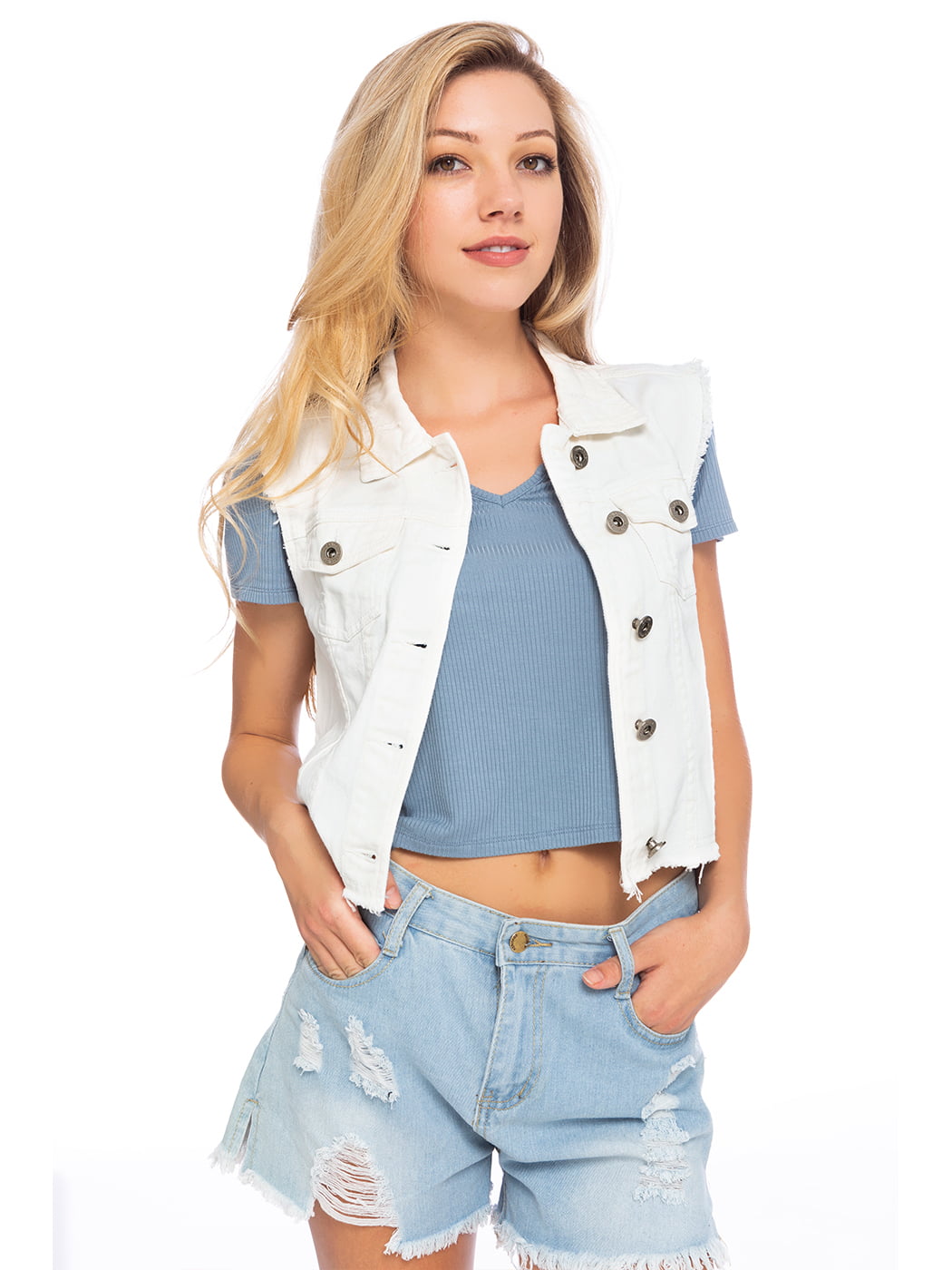 Anna-Kaci Womens Juniors Cotton Denim Blue Sleeveless Crop Jacket Jean Vest 