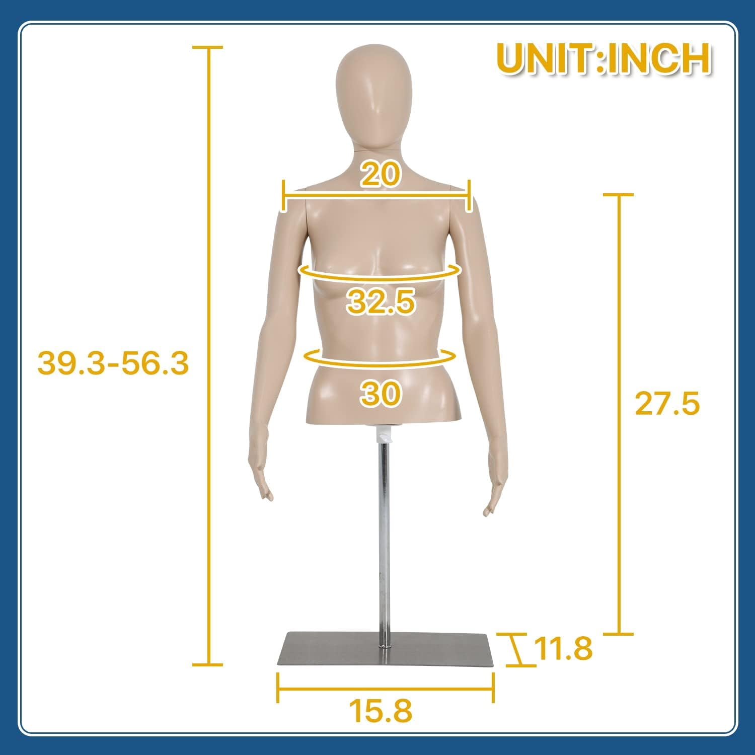 Female Mannequin 39-56 inch Adjustable Mannequin Torso Dress Form Model Sewing Manikin Detachable Mannequin Stand w/Metal Base