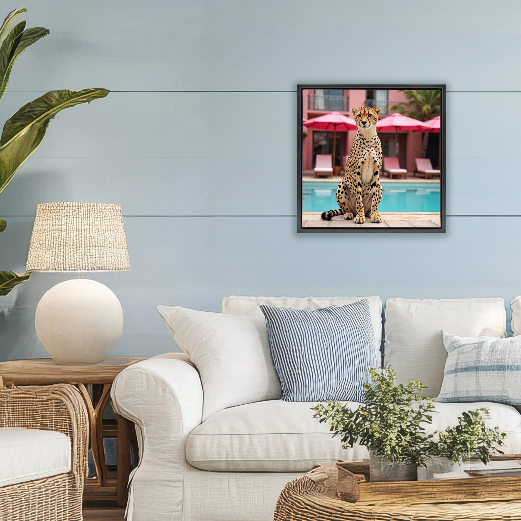 Cheetah Posed at Poolside Black Framed Floater Canvas Wall Art, design by Lettered and Lined