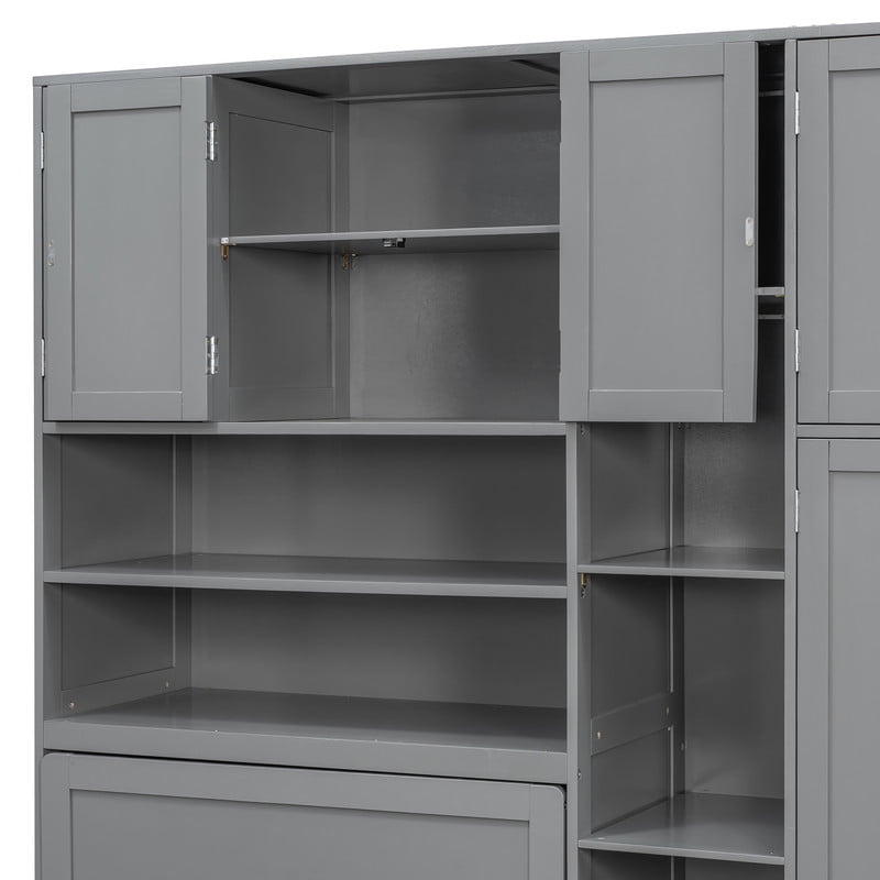 Twin Size Pull Out Murphy Bed with Wardrobe & Shelves, Storage Platform Bed Frame with LED Display Shelves & Overhead Cabinets