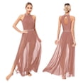 thumbnail image 1 of TiaoBug Womens Lyrical Dance Dress Sleeveless Keyhole Back Shiny Rhinestones Side Split Mesh Maxi Dress Dusty Pink M, 1 of 7