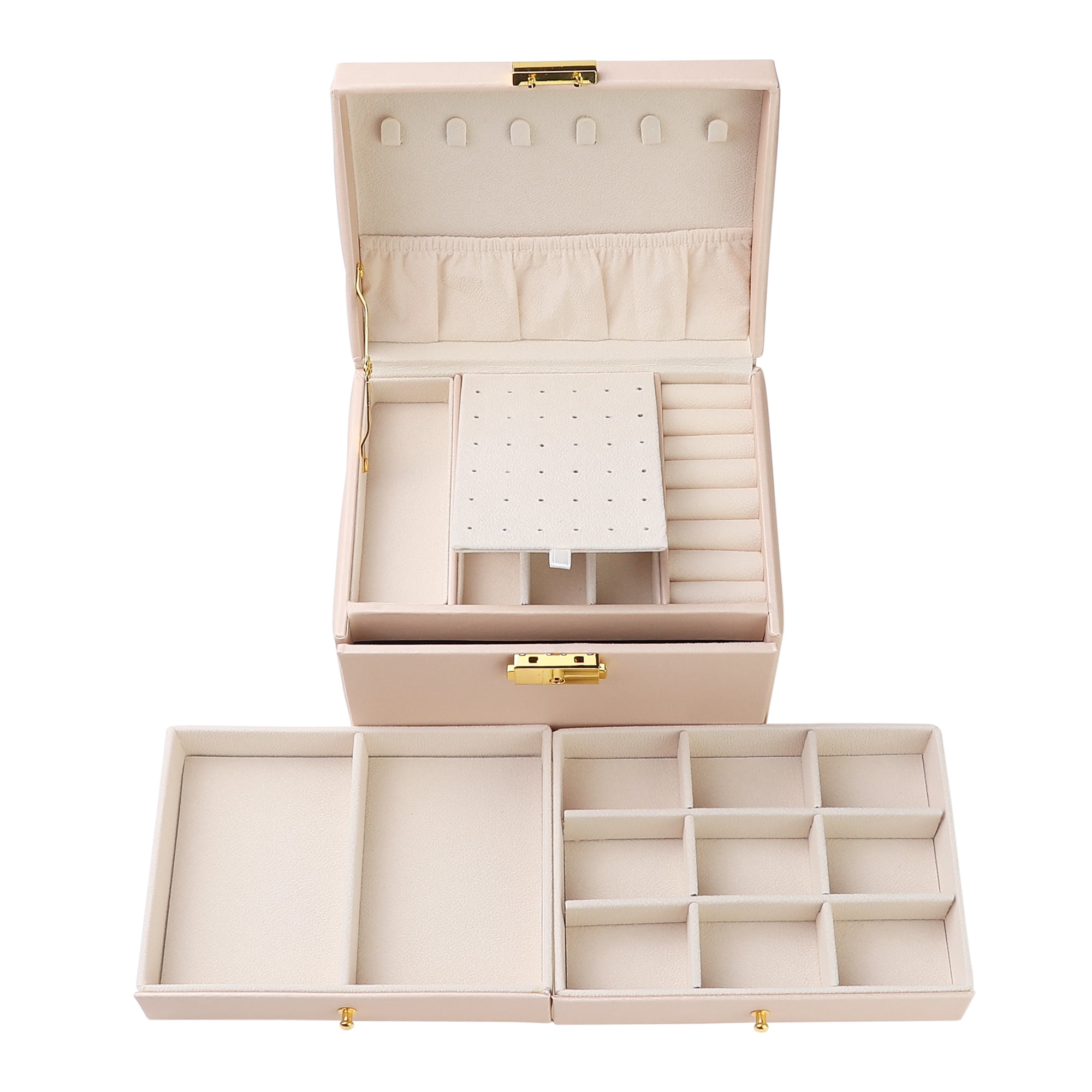 Unique Bargains 3 Layer Jewelry Box PU Leather Jewelry Organizer Case with Drawer Pink