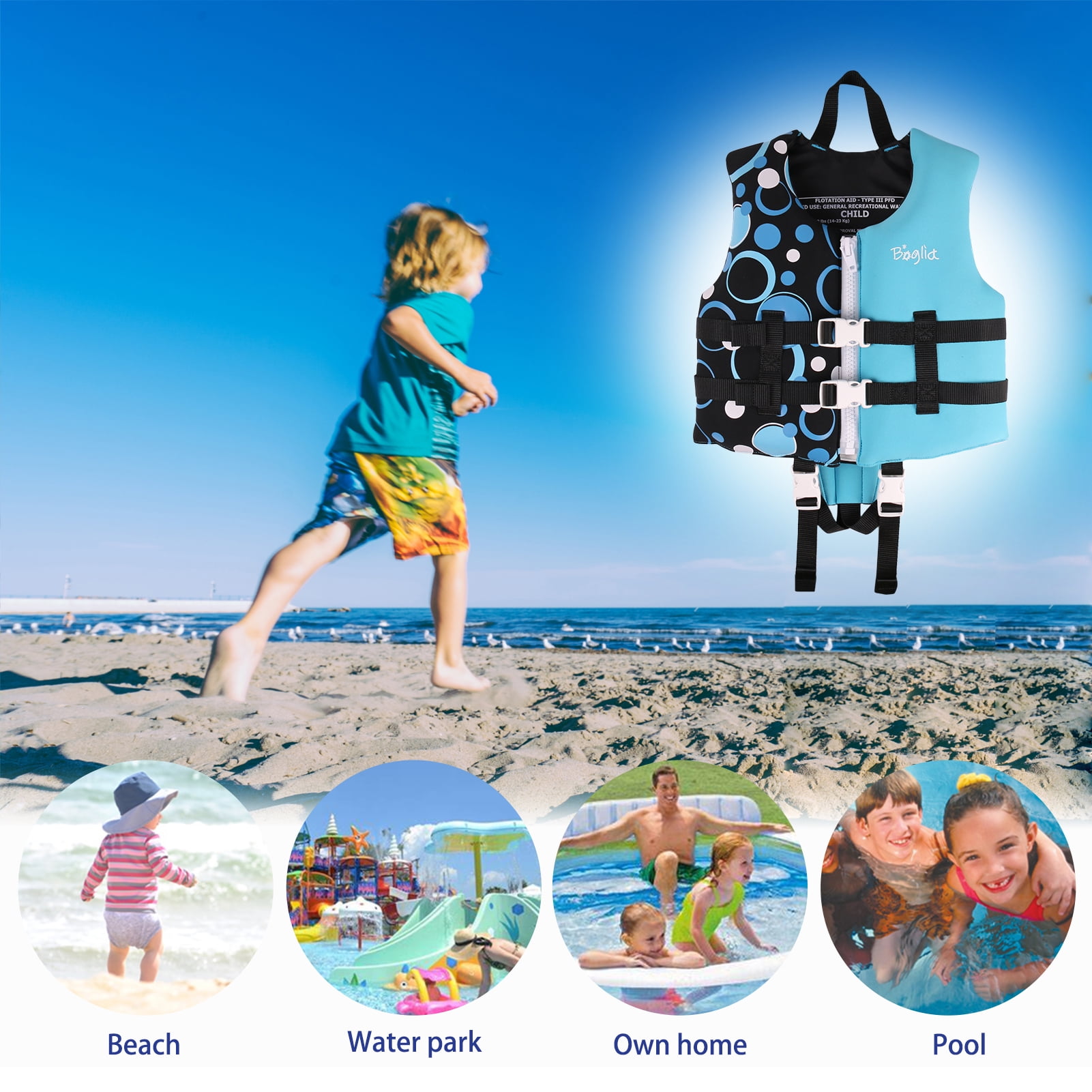 Gogokids Toddler Swim Vest Life Jacket-Kids Flotation Buoyancy Swimwear Trainer Aid Vest with Adjustable Safety Strap, Age 1-9 Years/18-77lbs, Blue Bubble