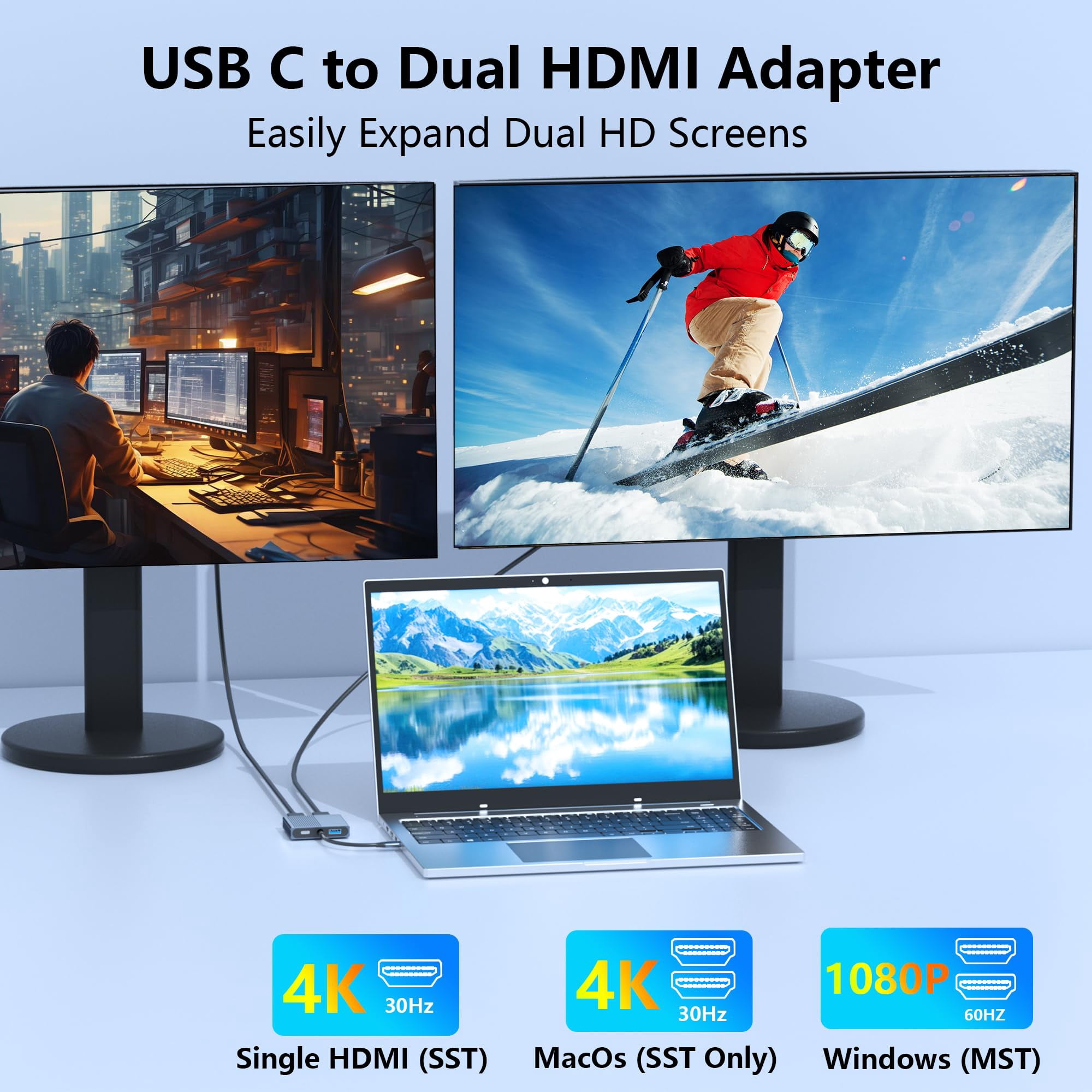 HDMI Splitter for Dual Monitors, Dual HDMI Adapter for 2 Monitors with USB3.0, 100W PD, HDTV Splitter Extended Display, USB C Hub Multiple Port, Laptop Docking Station for Dell/HP/Mac