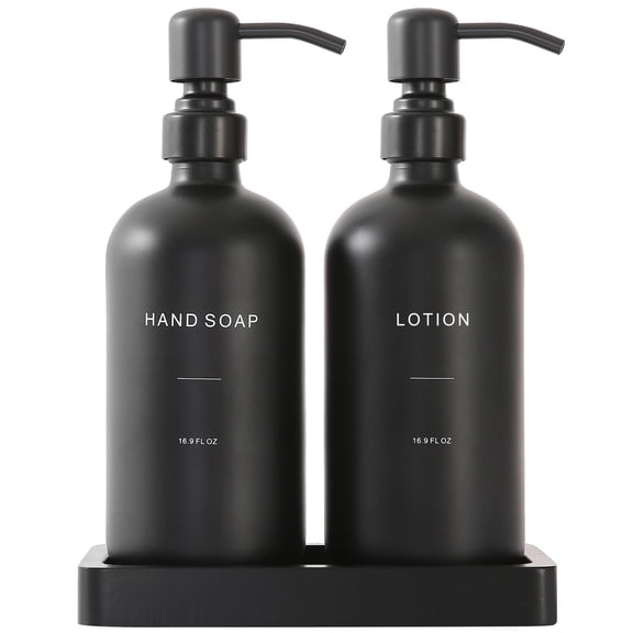Set dispensador de jabón Prus Waso negro con bandeja para baño