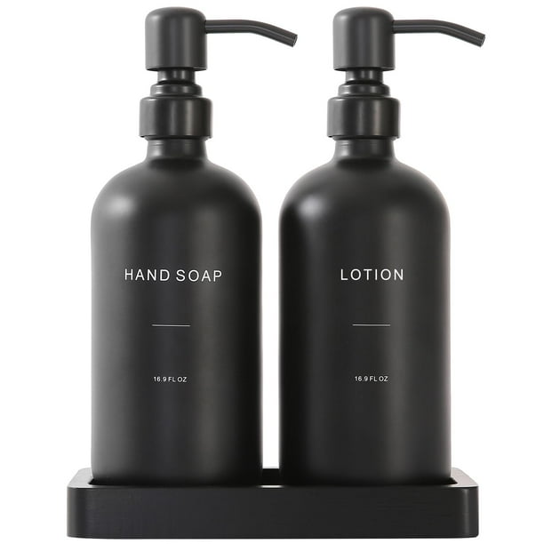 Set dispensador de jabón Prus Waso negro con bandeja para baño