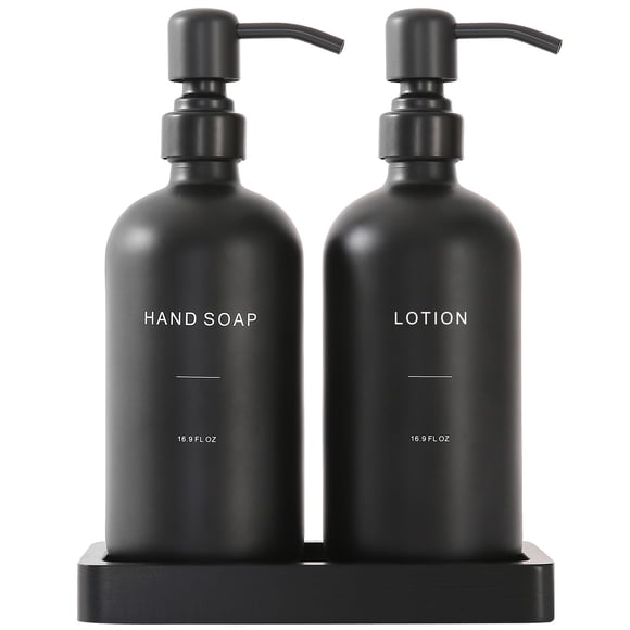 Set dispensador de jabón Prus Waso negro con bandeja para baño