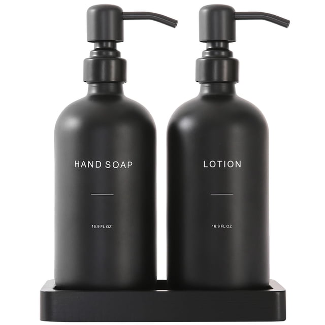 Set dispensador de jabón Prus Waso negro con bandeja para baño