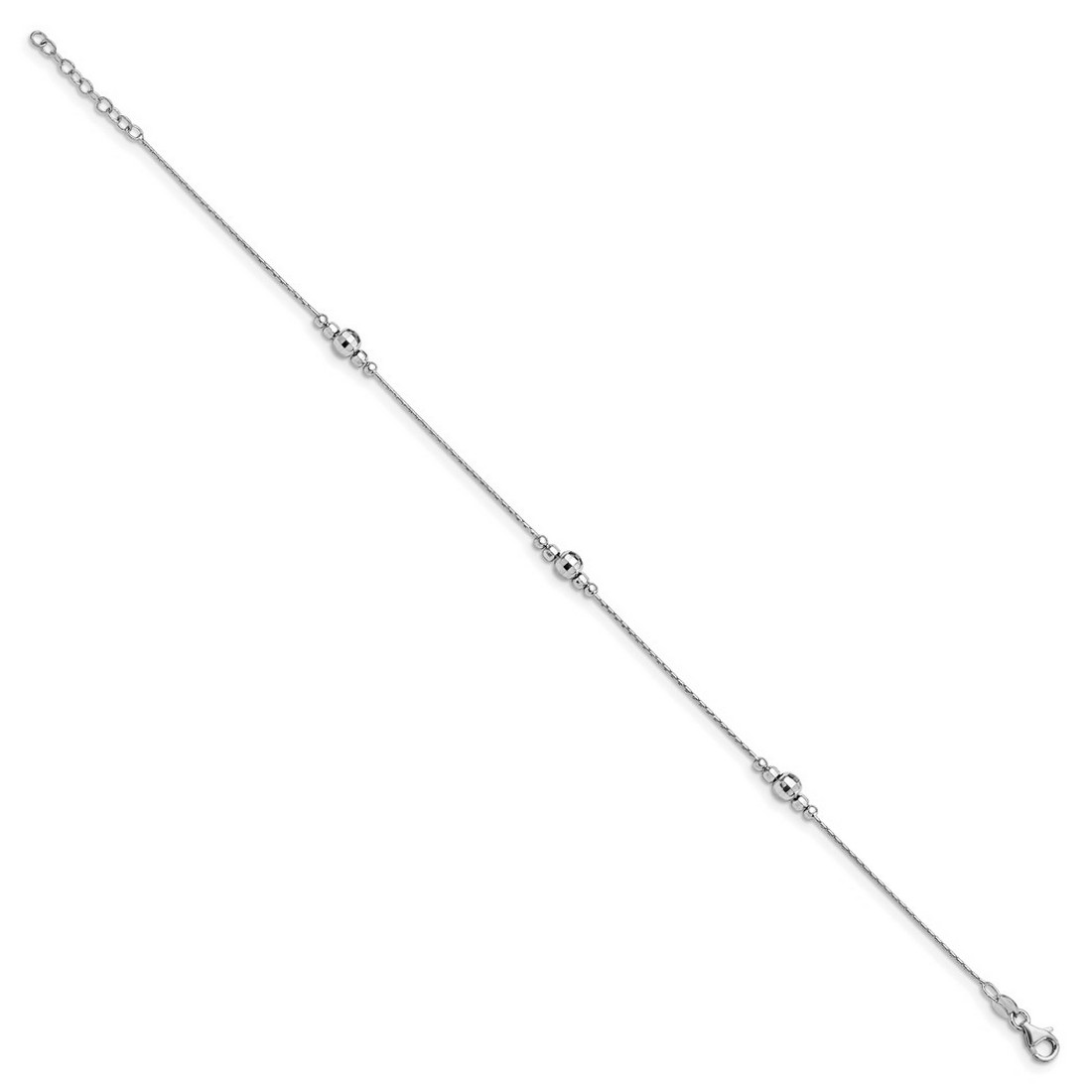 925 Sterling Silver Beaded Fancy Lobster Closure Polished Anklet With 1inch Ext With All Silver Beads 9 Inch 1mm Wide An