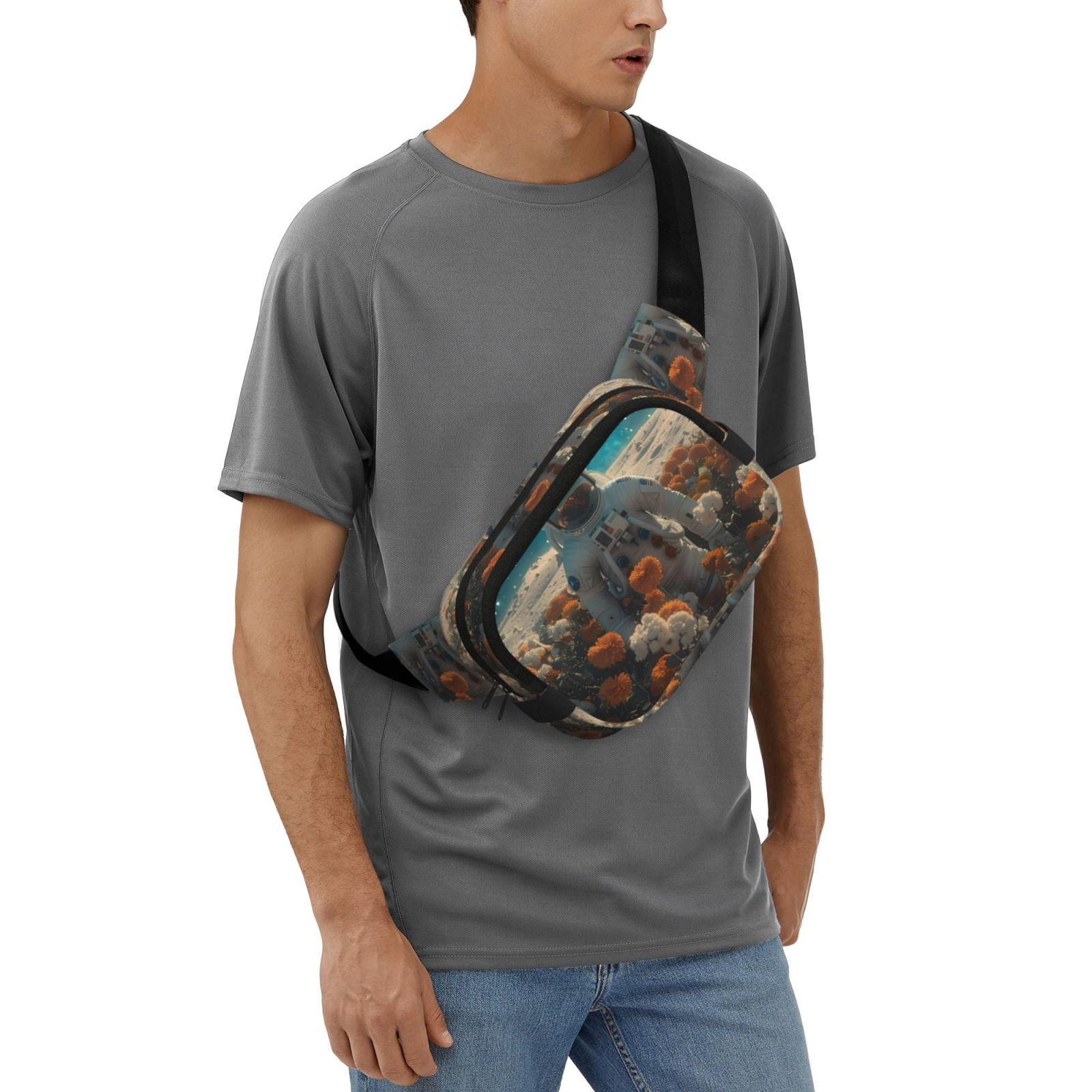 Picia Astronaut Flower Field Print Square Double-Layer Waist Bag Mini Adjustable Waist Belt Bag Exercise Running Travel Hiking