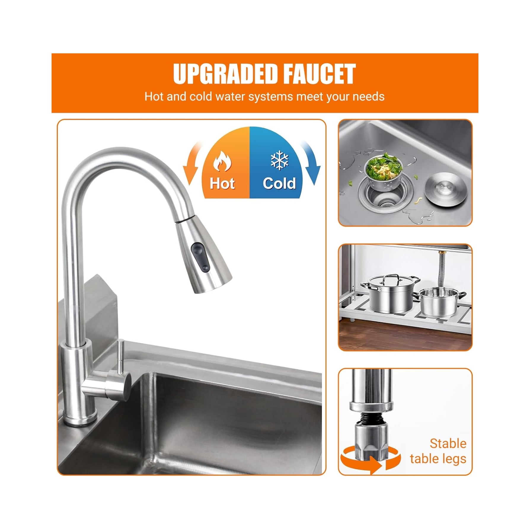 Stainless Steel Commercial Utility Sink,Free Standing Single Bowl Pull-Down Faucet Heavy Duty Sink for Restaurant Bar Laundry - Hot & Cold Water Indoor & Outdoor