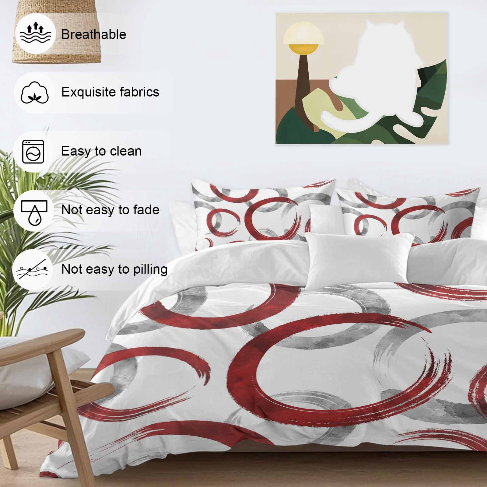 Red Grey Bedding 3 Piece Duvet Cover Set Queen Size, Geometric Circle Modern Abstract Simple Art Soft Microfiber Comforter Cover with Zipper Closure & Pillowcases, Wrinkle & FadeResistant Quilt Cover