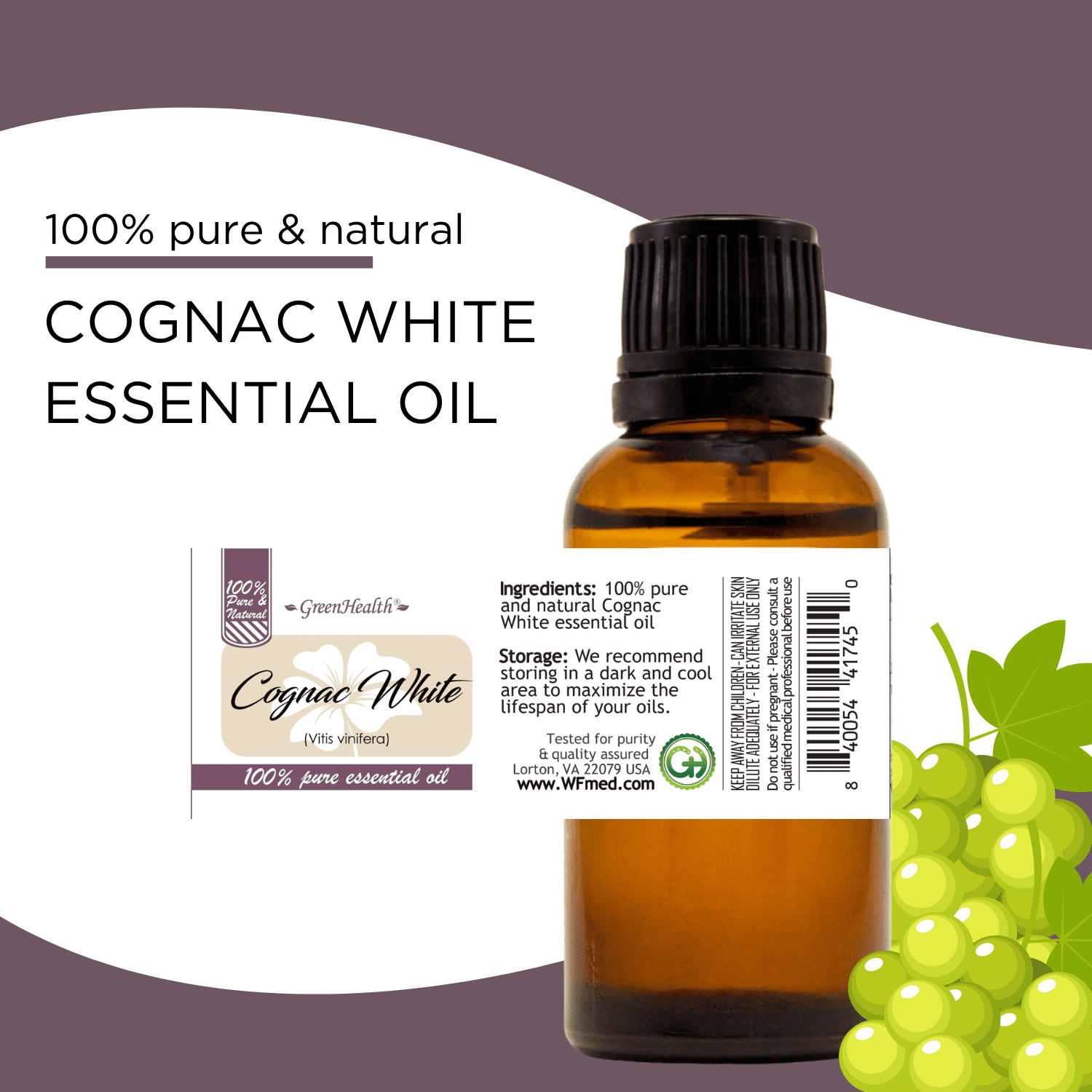 GreenHealth Cognac White Essential Oil - 1 fl oz - Amber Glass Bottle w/ Euro Dropper - 100% Pure & Natural