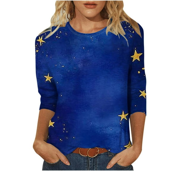 CYMMPU 3/4 Sleeve Blouses for Women Dressy Casual Loose Fit Fall Fashion Shirts Fading Starry Sky Printed Round Neck Tunic Tops Spring Tops Lightweight Basic T-Shirts Multicolor L