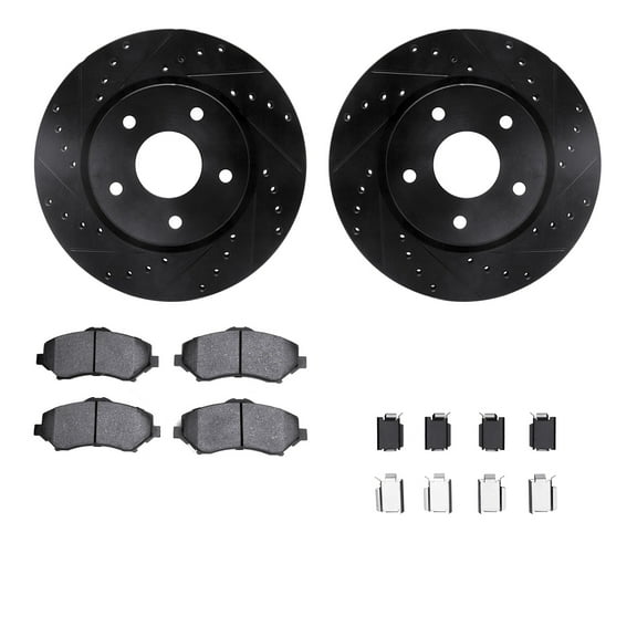Dynamic Friction Company Front Brake Rotors-Drilled and Slotted-Black with 5000 Euro Ceramic Brake Pads includes Hardware 8612-40000