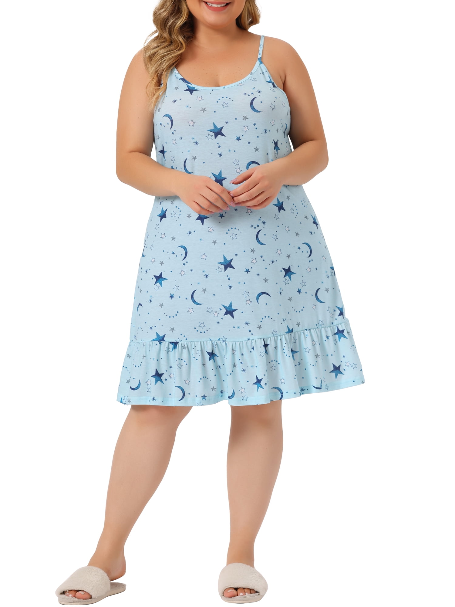 Agnes Orinda Women's Plus Size Nightgown Chemise Sleepwear Spaghetti Strap Nightwear Soft Lingerie 4X Light Blue