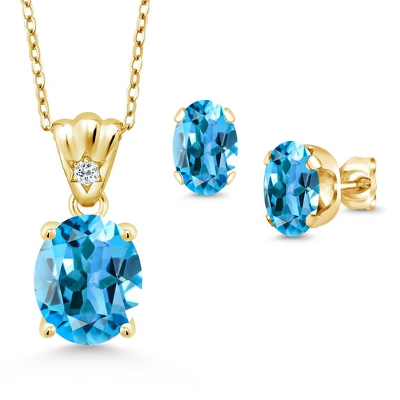 18K Yellow Gold Plated Silver Swiss Blue Topaz and White Topaz Pendant and Earrings Jewelry Set for Women (7.04 Cttw, Gemstone Birthstone, Oval 11X9MM and 8X6MM with 18 inch Silver Chain)