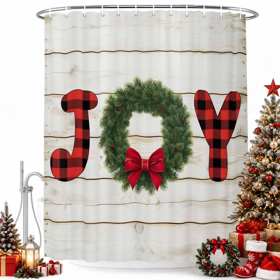 Words on Country Wood Board Shower Curtain for Bathroom, Christmas Wreath Waterproof Shower Curtains Washable Quick Dry with Hooks Bathtub Curtains 36x72IN
