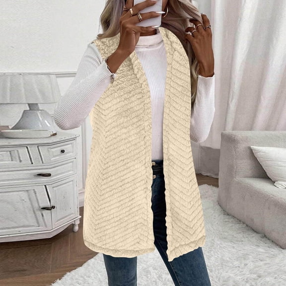 Women's Mid-Length Sleeveless Vest, Double Sided Plush Fleece Jacket, Hooded Soft Outerwear, Solid Color Casual Wear, Diagonal Embossed Design, Autumn Winter Layering Piece Beige L