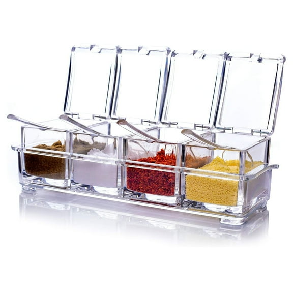 SOONHUA Clear Seasoning Rack Spice Pots - 4 Piece Acrylic Seasoning Box - Storage Container Condiment Jars with Cover and Spoon