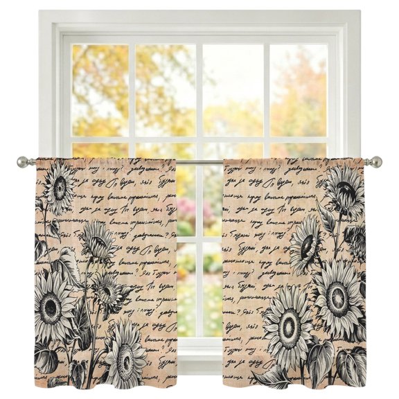 Retro Sunflower Sheer Curtains 45 inches Long, Spring Florals Vintage Countryside Light Filtering Sheer Window Curtains Rod Pocket Voile Drapes for Bedroom Living Room, 2 Panels